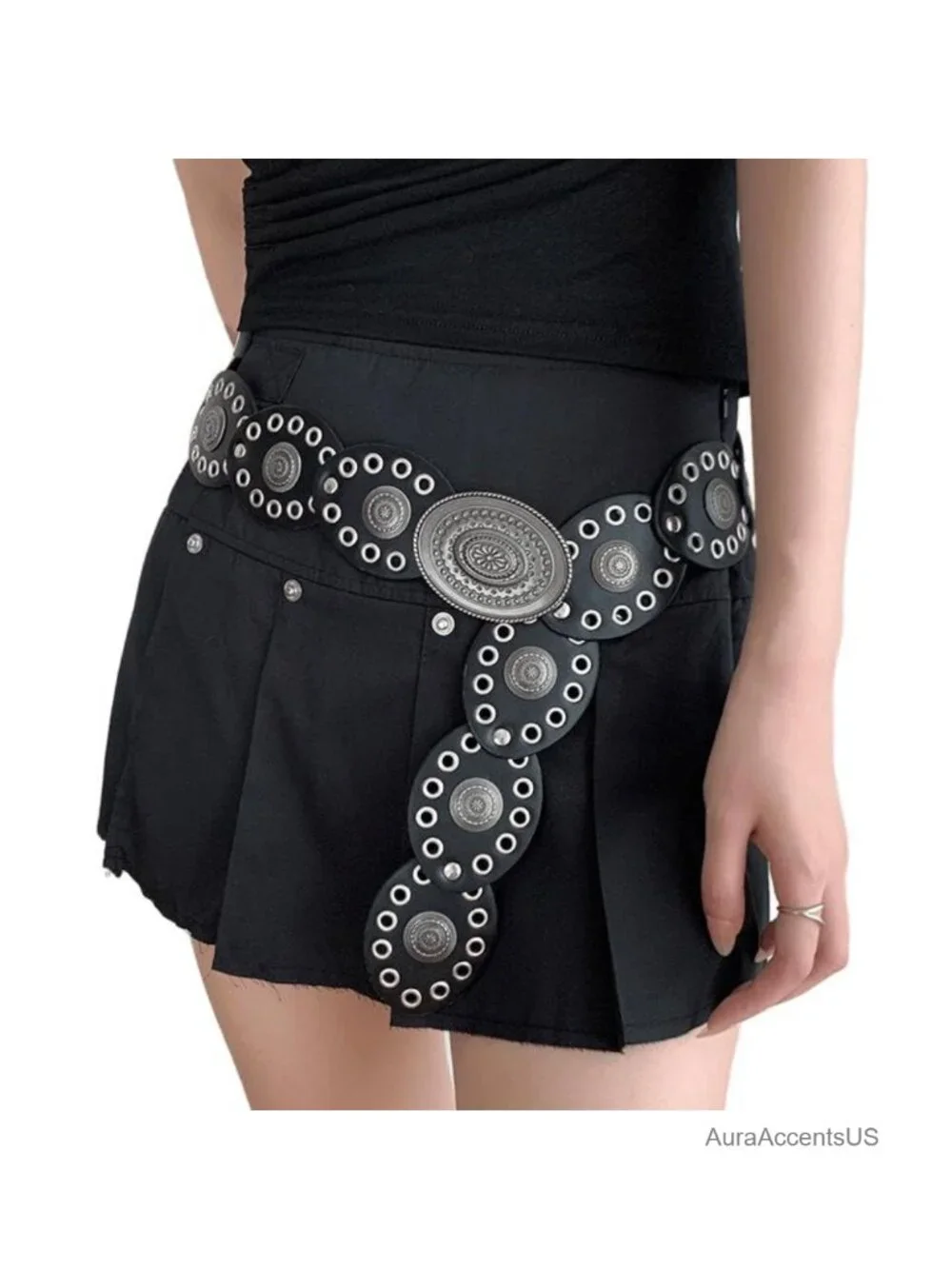 Wide Western Cowgirl Belt with Concho Buckle, PU Leather, Fit Waist Below 38